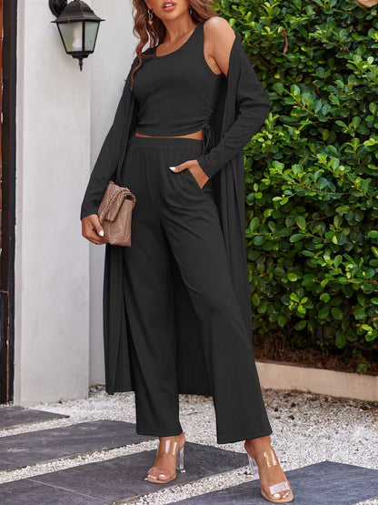 Women’s Long Sleeve Knit Cardigan, Top & Pants Pajama Set