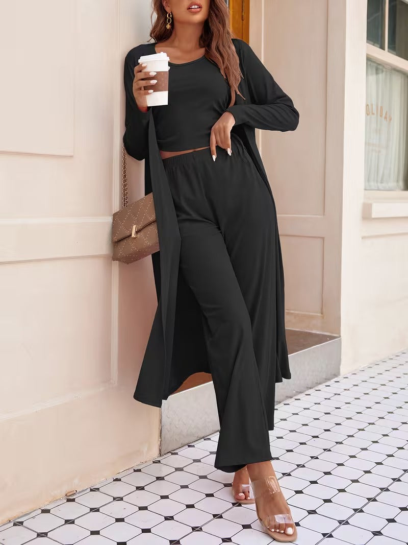 Women’s Long Sleeve Knit Cardigan, Top & Pants Pajama Set