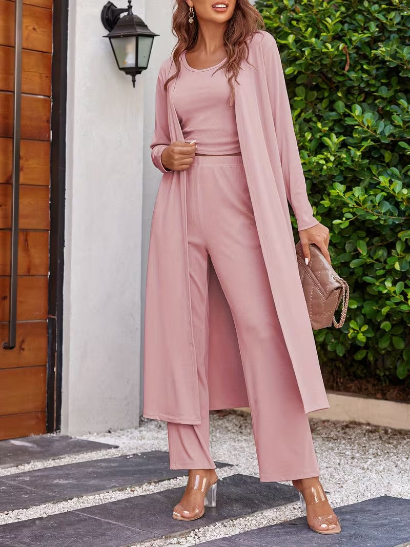 Women’s Long Sleeve Knit Cardigan, Top & Pants Pajama Set