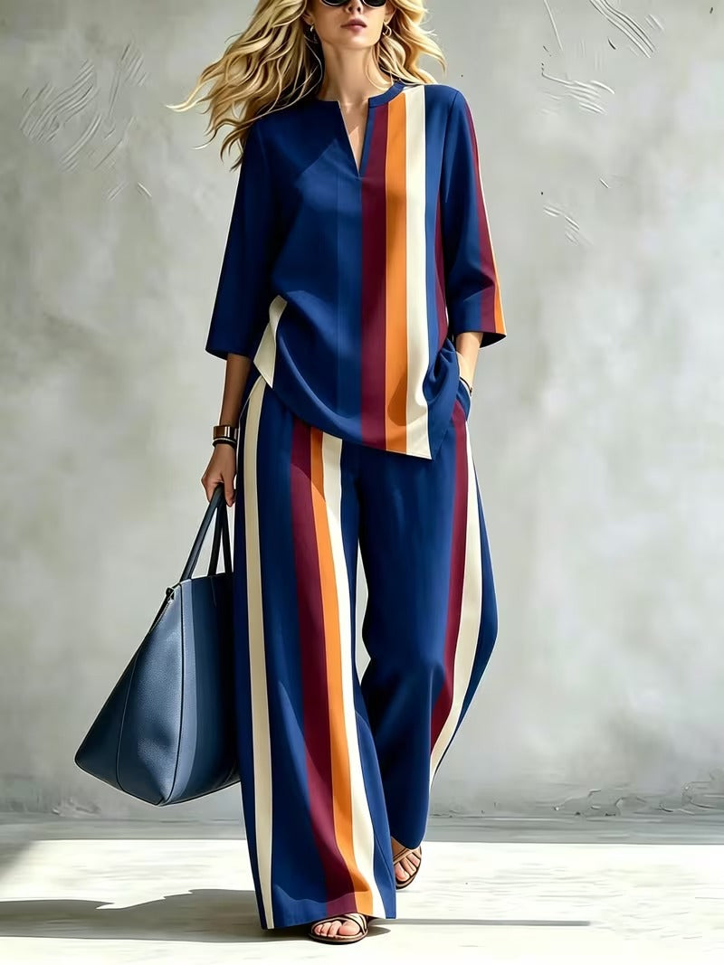 Women’s Loose-Fit Striped Top & Wide-Leg Pants Set