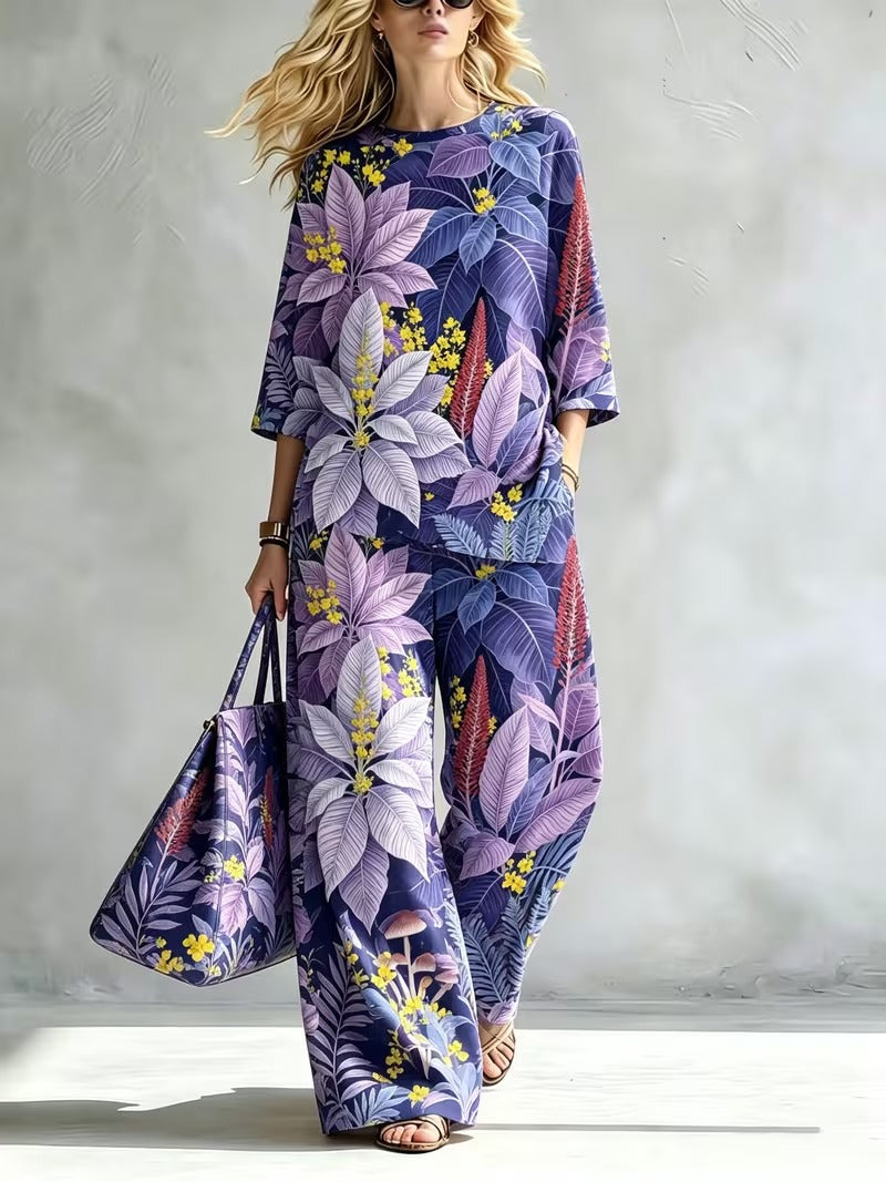 Women’s Elegant Stand Collar Top & Flowing Wide-Leg Pants Co-Ord
