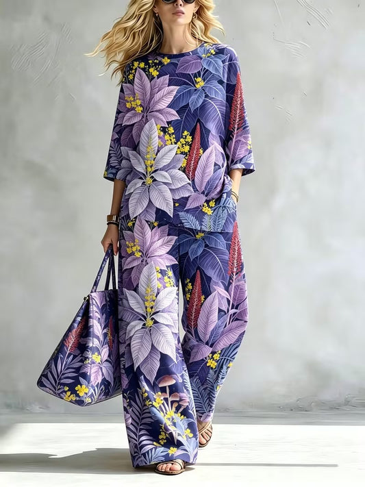 Women’s Elegant Stand Collar Top & Flowing Wide-Leg Pants Co-Ord