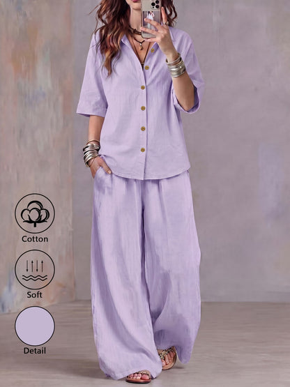 Women’s Lightweight Lapel Top & Elastic-Waist Wide-Leg Pants Set
