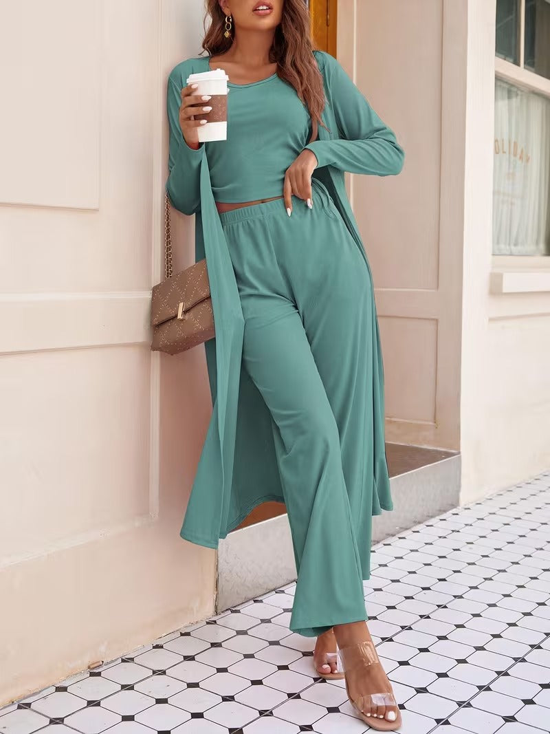 Women’s Long Sleeve Knit Cardigan, Top & Pants Pajama Set