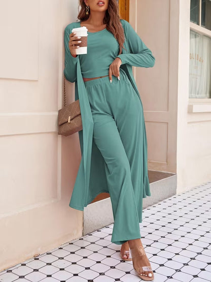 Women’s Long Sleeve Knit Cardigan, Top & Pants Pajama Set