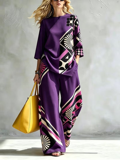 Women’s Casual Round Neck Top & Wide-Leg Pants Set