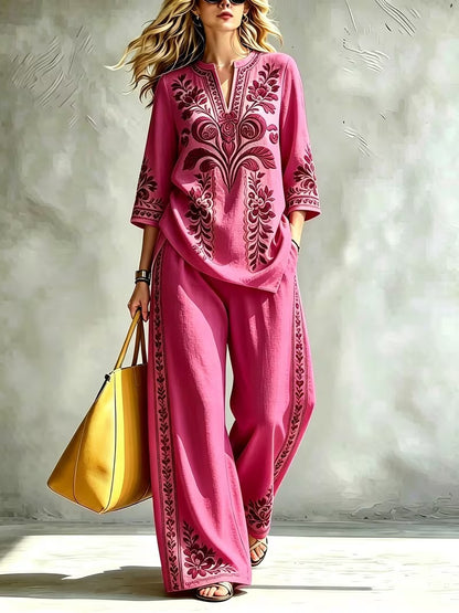 Women’s Retro Floral Loose Top & Wide-Leg Pants Set