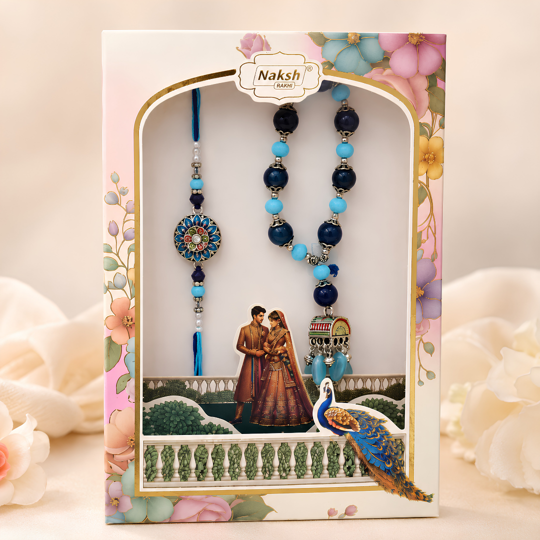 Premium Blue Beaded Rakhi Combo Set