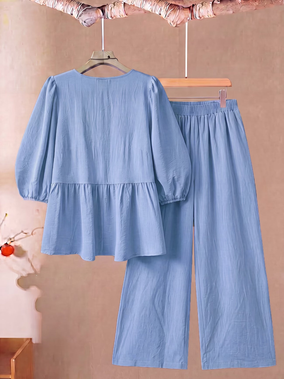 Women’s Elegant Tie-Bow Shirt & Pocket Wide-Leg Pants 2-Piece Set