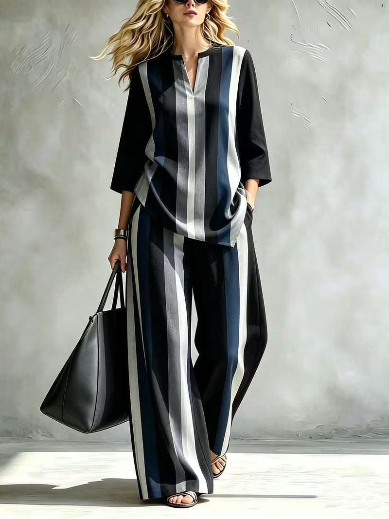 Women’s Loose-Fit Striped Top & Wide-Leg Pants Set
