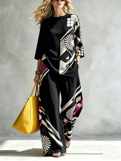 Women’s Casual Round Neck Top & Wide-Leg Pants Set