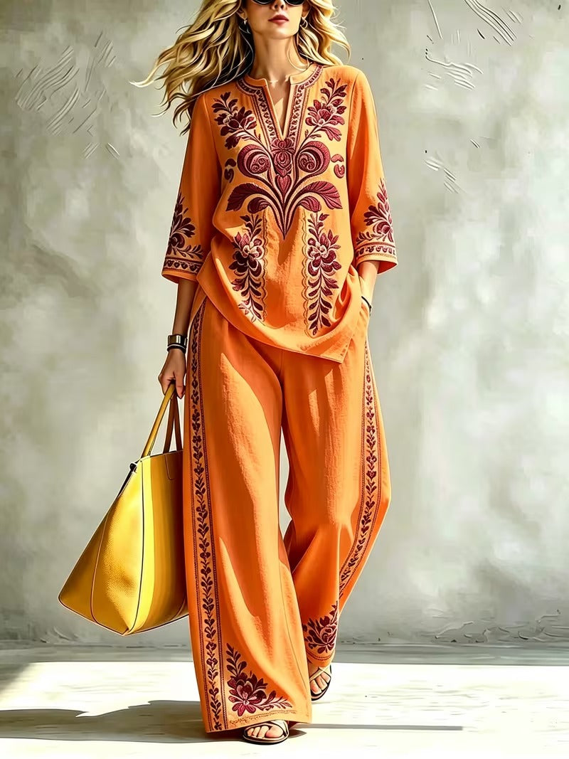 Women’s Retro Floral Loose Top & Wide-Leg Pants Set
