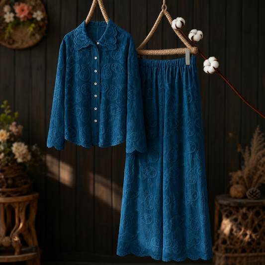 Women’s Artistic Embroidered Wavy-Hem Shirt & Straight-Leg Pants Outfit