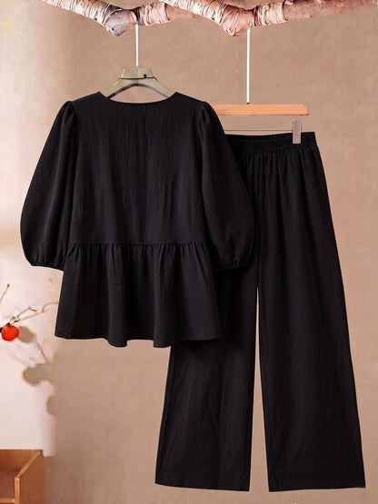 Women’s Elegant Tie-Bow Shirt & Pocket Wide-Leg Pants 2-Piece Set