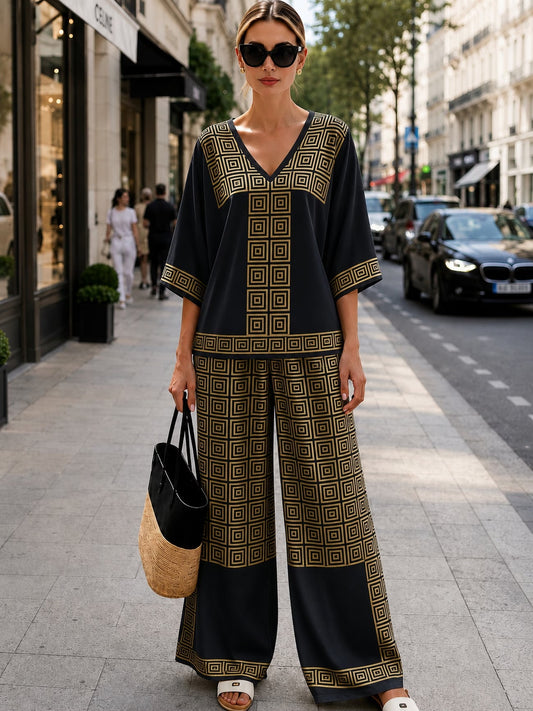 Women’s Boho Paisley Print Batwing Top & Wide-Leg Pants Co-Ord