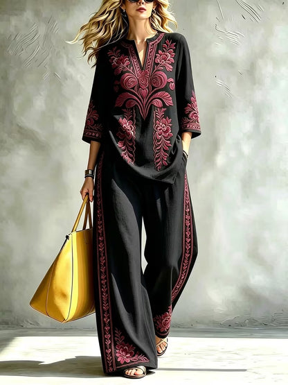 Women’s Retro Floral Loose Top & Wide-Leg Pants Set