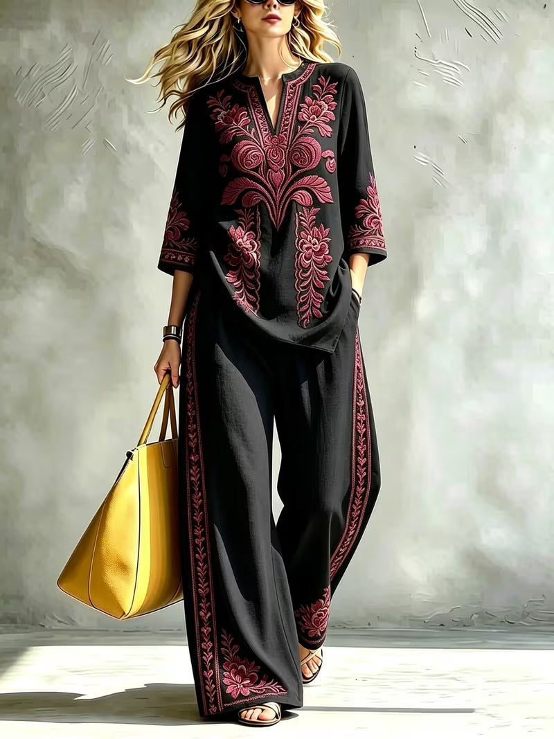 Women’s Retro Floral Loose Top & Wide-Leg Pants Set