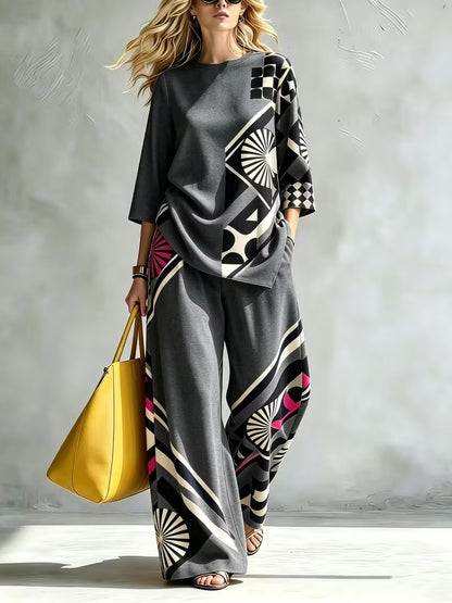 Women’s Casual Round Neck Top & Wide-Leg Pants Set