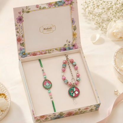 Premium Pink & Green Beaded Rakhi Combo Set