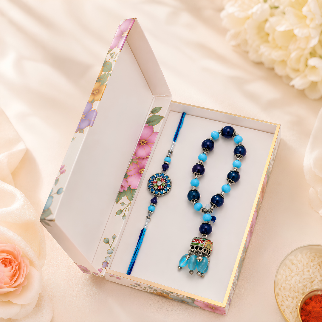 Premium Blue Beaded Rakhi Combo Set
