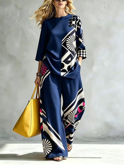 Women’s Casual Round Neck Top & Wide-Leg Pants Set