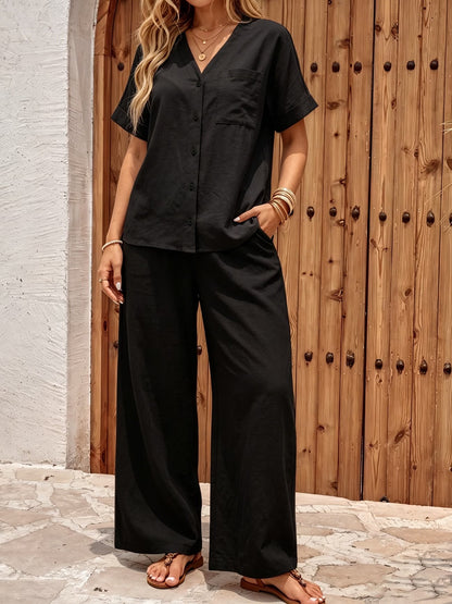 Women’s Relaxed Short-Sleeve Top & Wide-Leg Pants Everyday Set