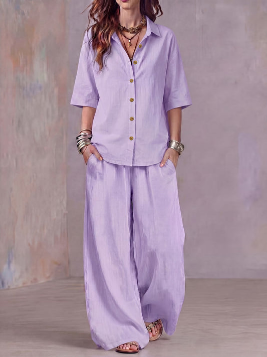 Women’s Lightweight Lapel Top & Elastic-Waist Wide-Leg Pants Set