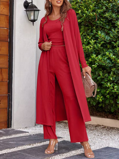 Women’s Long Sleeve Knit Cardigan, Top & Pants Pajama Set