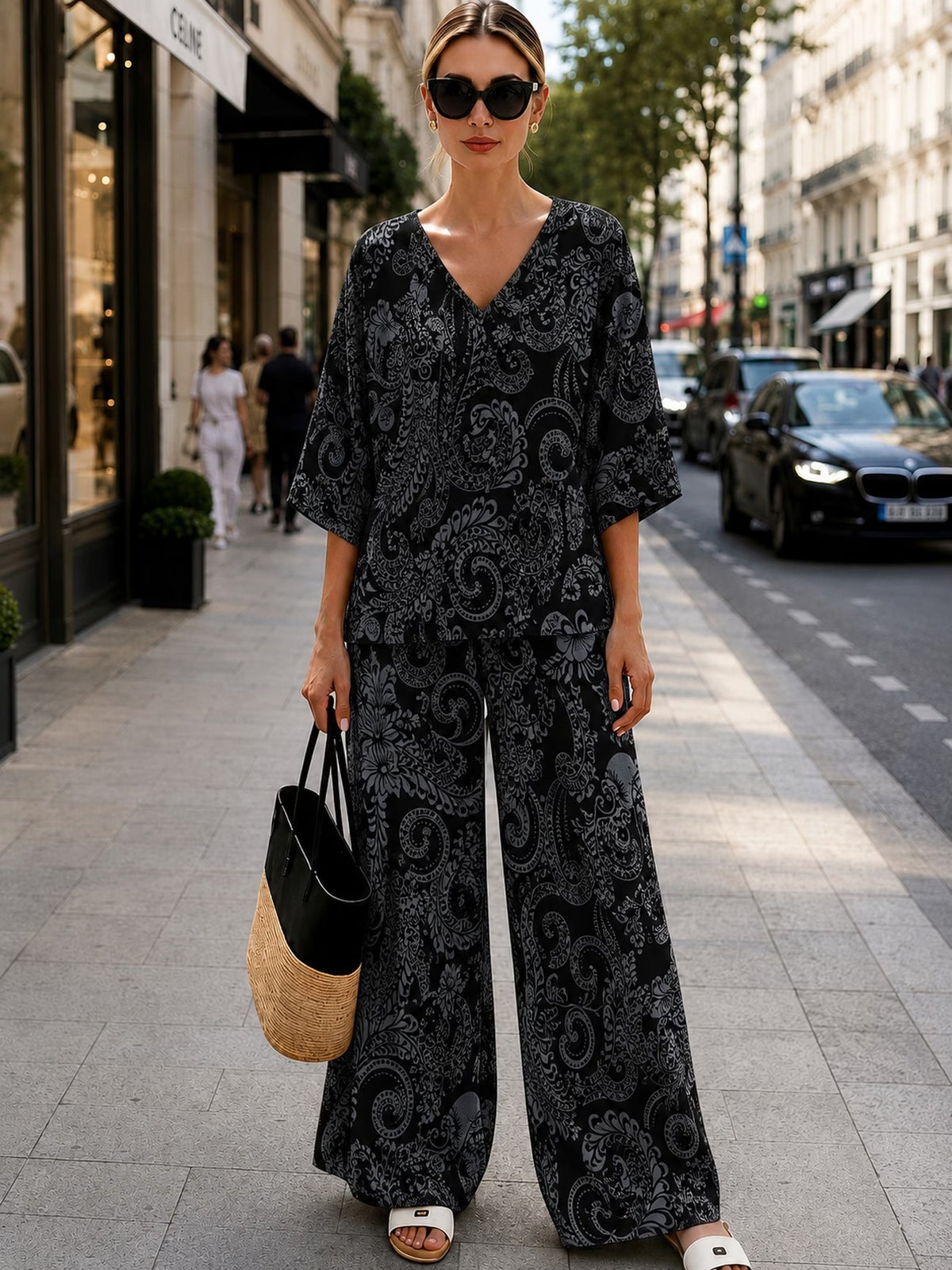 Women’s Boho Paisley Print Batwing Top & Wide-Leg Pants Co-Ord