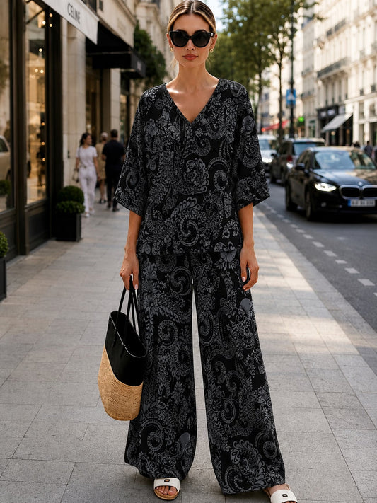 Women’s Boho Paisley Print Batwing Top & Wide-Leg Pants Co-Ord