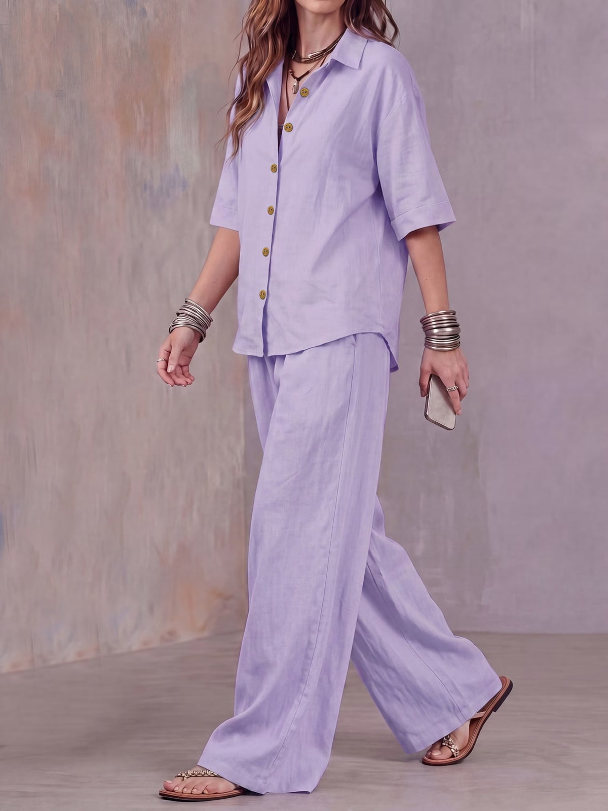 Women’s Lightweight Lapel Top & Elastic-Waist Wide-Leg Pants Set