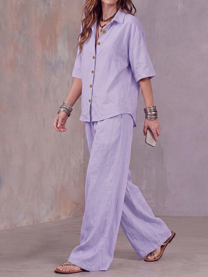 Women’s Lightweight Lapel Top & Elastic-Waist Wide-Leg Pants Set