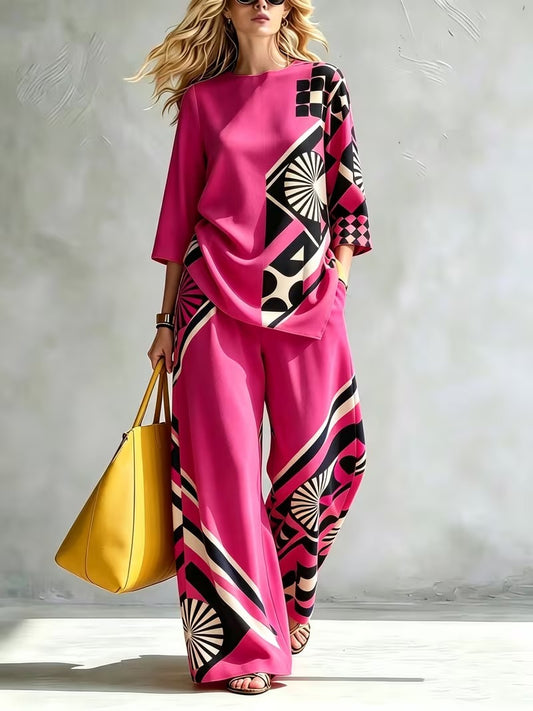 Women’s Casual Round Neck Top & Wide-Leg Pants Set