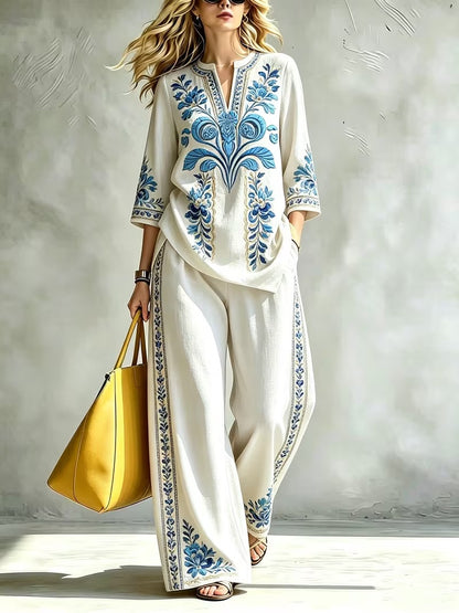 Women’s Retro Floral Loose Top & Wide-Leg Pants Set