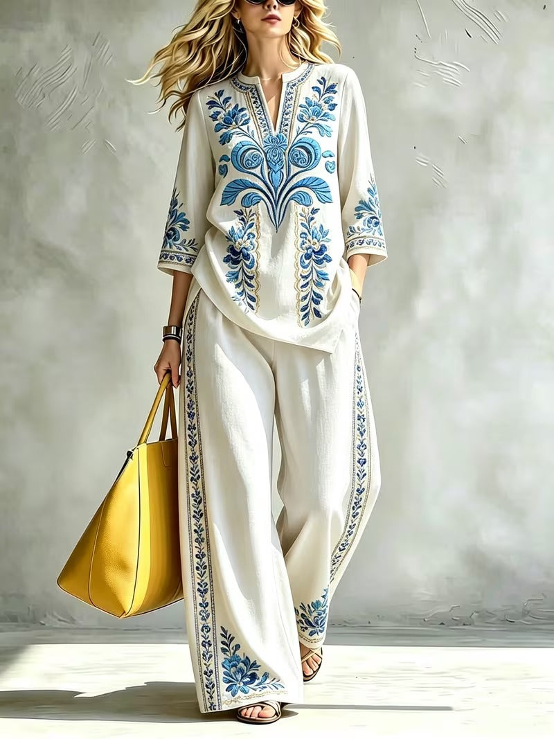 Women’s Retro Floral Loose Top & Wide-Leg Pants Set