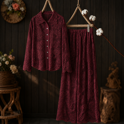 Women’s Artistic Embroidered Wavy-Hem Shirt & Straight-Leg Pants Outfit