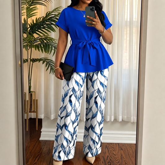 Women’s Short-Sleeve Top & Loose Straight-Leg Pants 2-Piece Set