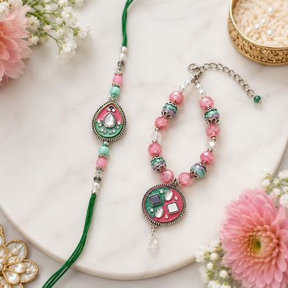 Premium Pink & Green Beaded Rakhi Combo Set