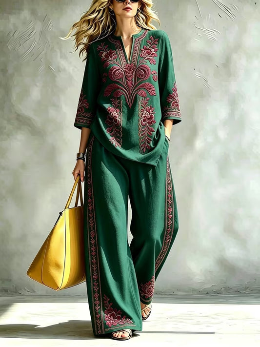 Women’s Retro Floral Loose Top & Wide-Leg Pants Set