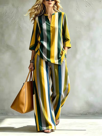 Women’s Loose-Fit Striped Top & Wide-Leg Pants Set