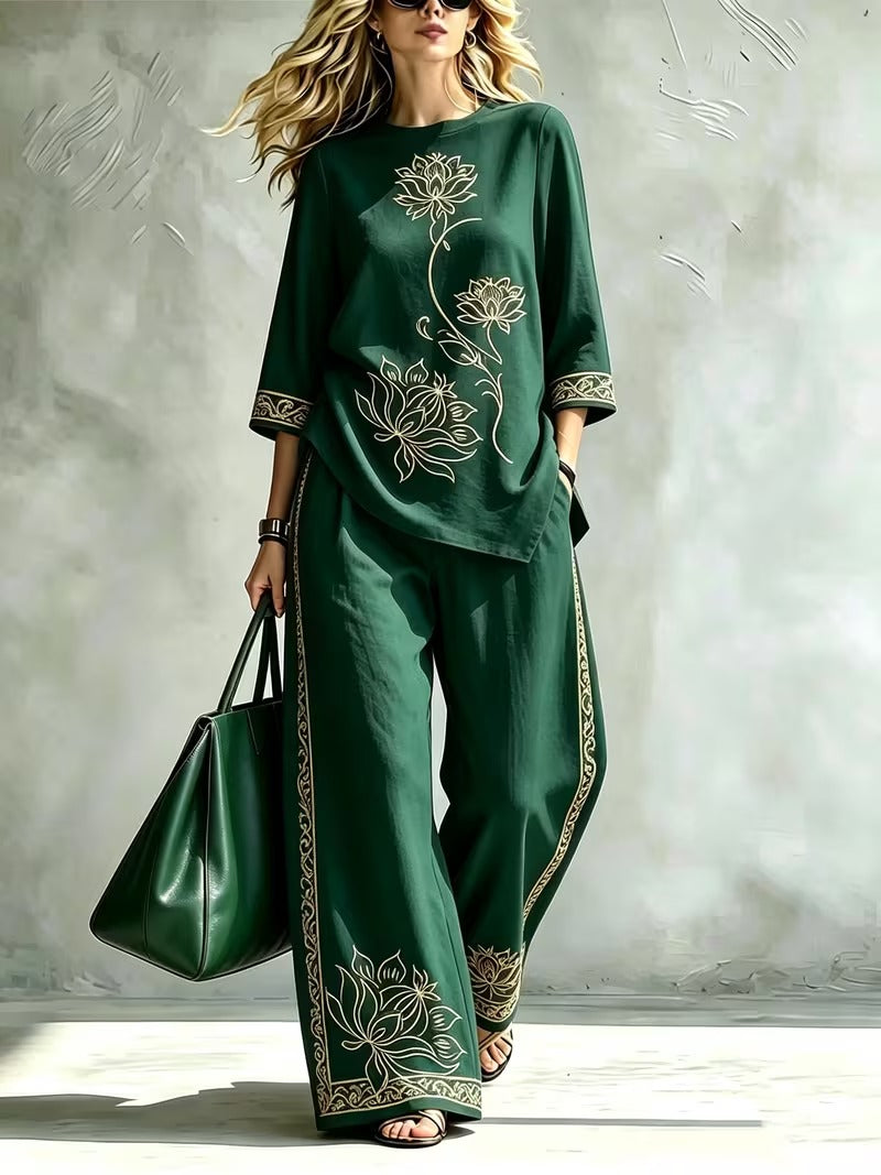 Women’s Lotus Print Round-Neck Top & Wide-Leg Pants Set