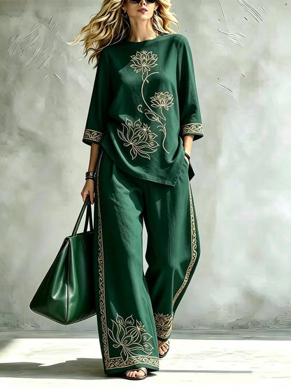 Women’s Lotus Print Round-Neck Top & Wide-Leg Pants Set