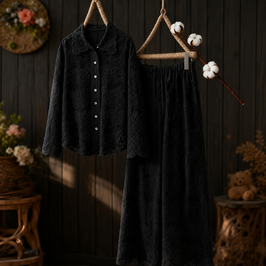 Women’s Artistic Embroidered Wavy-Hem Shirt & Straight-Leg Pants Outfit