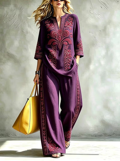 Women’s Retro Floral Loose Top & Wide-Leg Pants Set