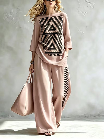 Women’s Boho Pullover & High-Waist Wide-Leg Pants Set
