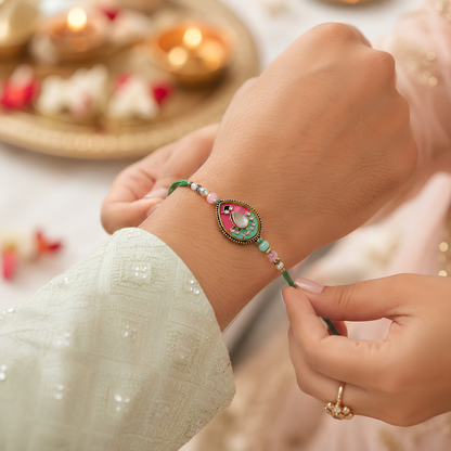 Premium Pink & Green Beaded Rakhi Combo Set