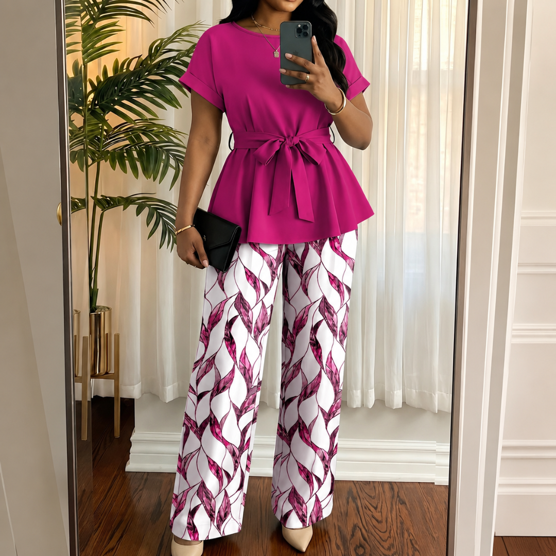 Women’s Short-Sleeve Top & Loose Straight-Leg Pants 2-Piece Set