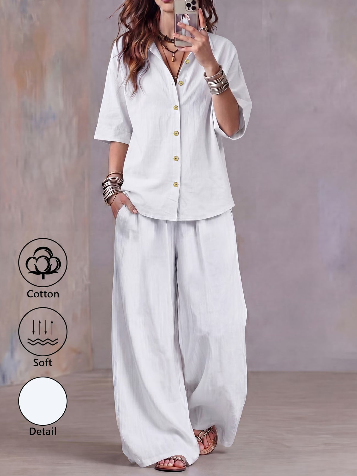 Women’s Lightweight Lapel Top & Elastic-Waist Wide-Leg Pants Set