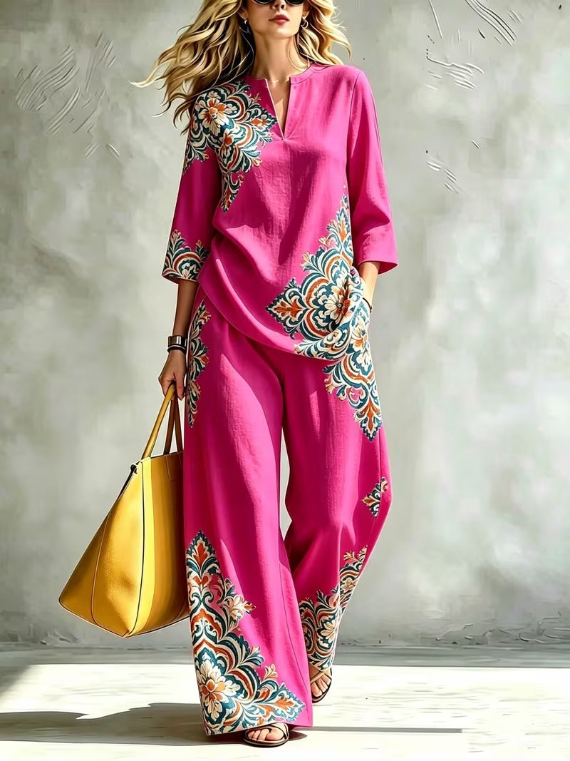 Women’s Exotic Floral Top & Wide-Leg Pants Co-Ord