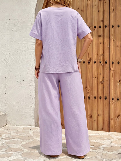 Women’s Relaxed Short-Sleeve Top & Wide-Leg Pants Everyday Set